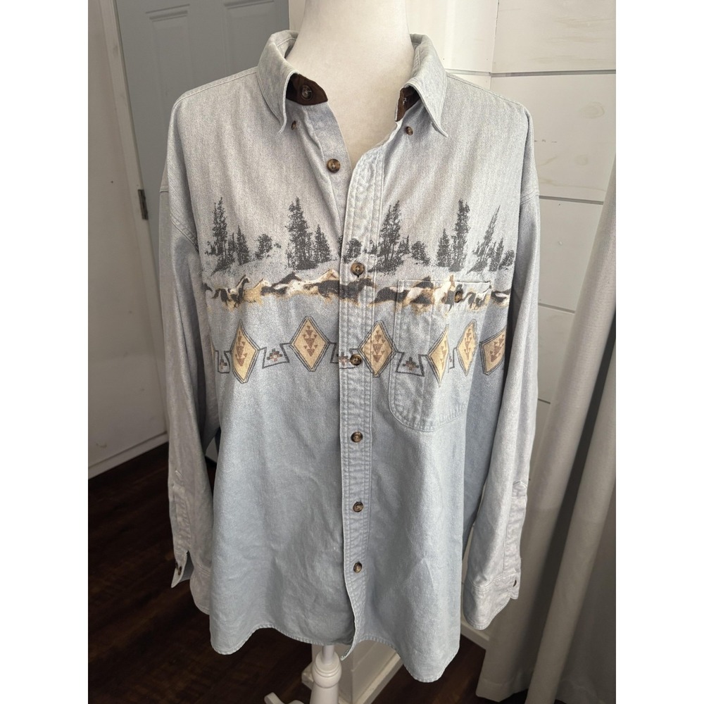 Dick Idol Shirt Men XL Blue Western Wildlife Graphic Long Sleeve Button Up Horse